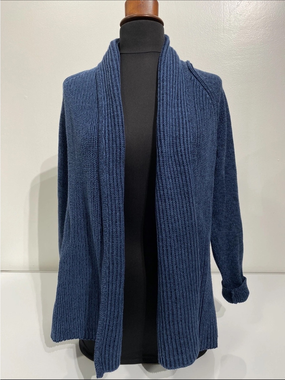 LL Bean Signature Cotton Cozy Shawl Collar Cable Knit Cardigan Sweater - blue
